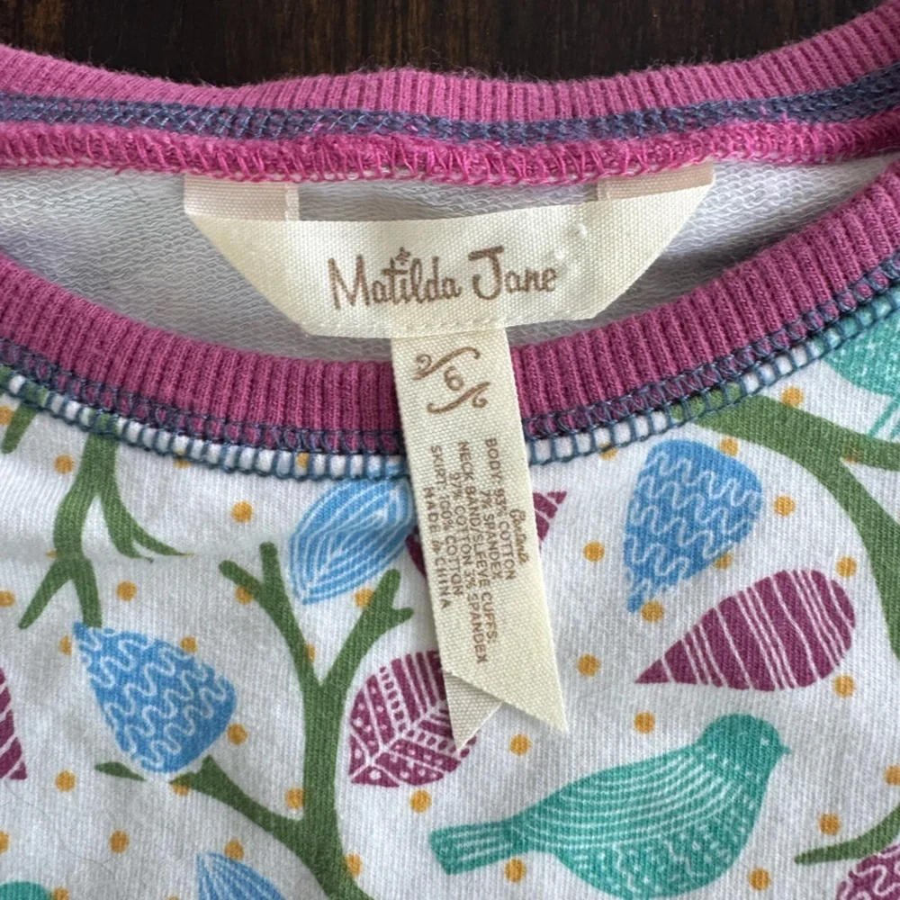 Matilda Jane Bird Print sweatshirt with ruffle overlay sz 6